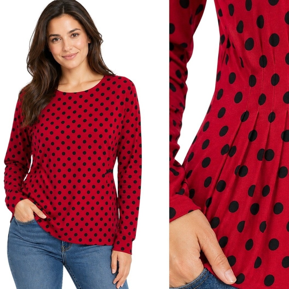 Chico's Polka Dot Top Womens‎ Size 2 L Red Black Long Sleeve Pleated Waist